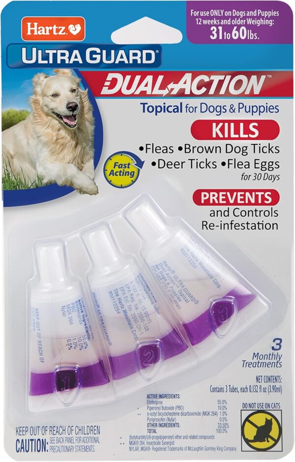 Hartz UltraGuard Dual Action Topical Flea & Tick Treatment for Dogs and Puppies - 31-60lbs, 3 Monthly Treatments