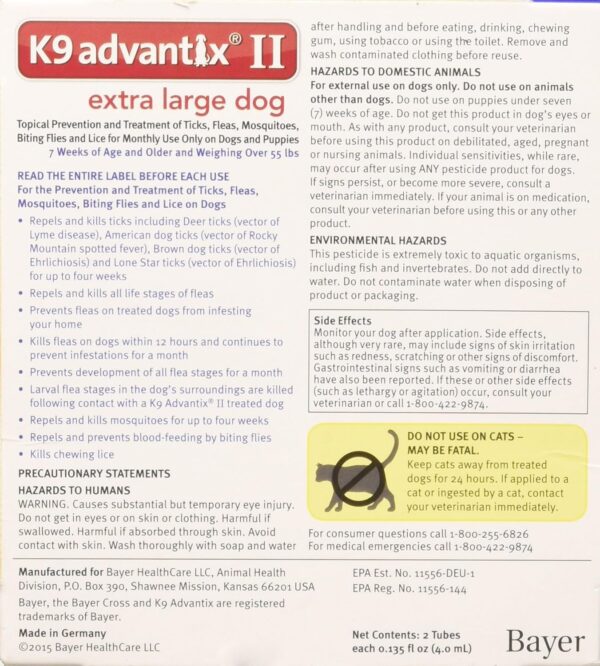 Bayer K9 Advantix II, Flea and Tick Control Treatment for Dogs, Over 55 Pound, 2-Month Supply - Image 2