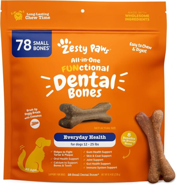 Zesty Paws Dental Bones - Fights Tartar & Plaque - Gum, Teeth & Bone Health - Cinnamon for Dog Breath - Immune, Joint, Gut, Skin & Coat Support - Omega 3 EPA & DHA and Calcium - Small Dogs - 28 ct…