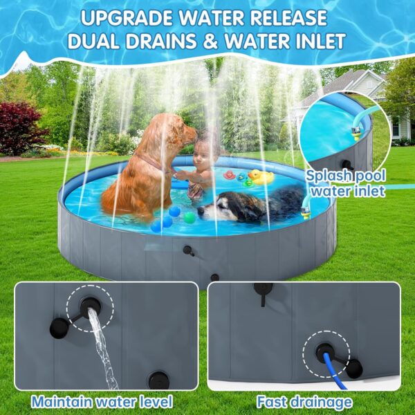 Dog Pool with Sprinkler, Foldable Portable Non-Slip Dog Bath Tub, Outdoor Kiddie Pool with Hard Plastic, Collapsible Dog Swimming Pool for Kids Dogs Pets, Gray (63"x12") - Image 6