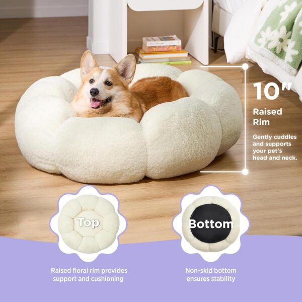 Lesure Calming Large Dog Bed - Flower Donut Round Fluffy Puppy Bed in Plush Teddy Sherpa, Non-Slip Cute Flower Dog Beds, Large Pet Bed Fits up to 100 lbs, Machine Washable, Cream 36" - Image 2