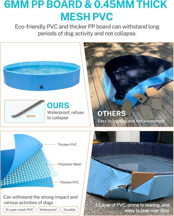 Foldable Pool for Large Dogs, 6MM Thickened PP Board, 3 Layers Mesh PVC & Non-Slip Embossed PVC, Collapsible Hard Plastic Summer Swimming Pool, Portable Bath Tub for Pets Cats 63'' - Image 4