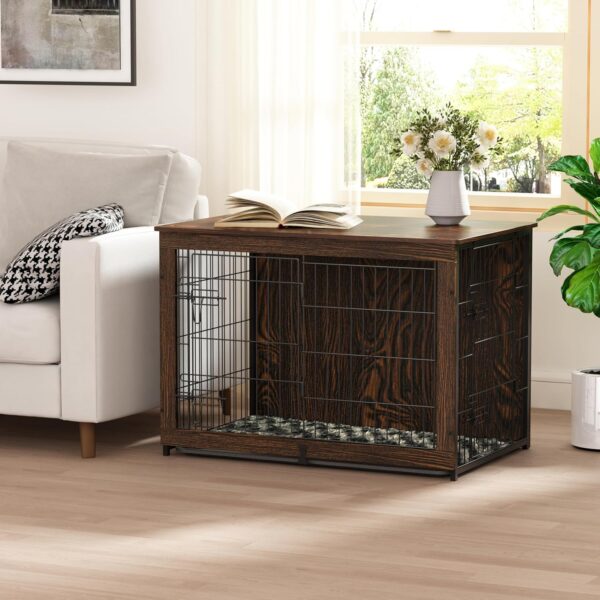 Wooden Dog Crate Furniture with Cushion, Dog Crate End Table with Tray, Double Doors Dog Crate(L:37" L*25" W*26" H, Rustic Style)