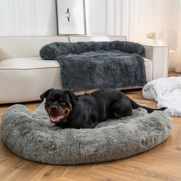 Dog Bed,Calming Dog Beds for Large Dogs Cats,Fluffy Non-Slip 50"x39"x8"Dog Bed Couch Protector with Removable Pet Soft Neck Bolster,Washable Dog Bed Cover with Hidden Zipper（Dark Grey） - Image 7