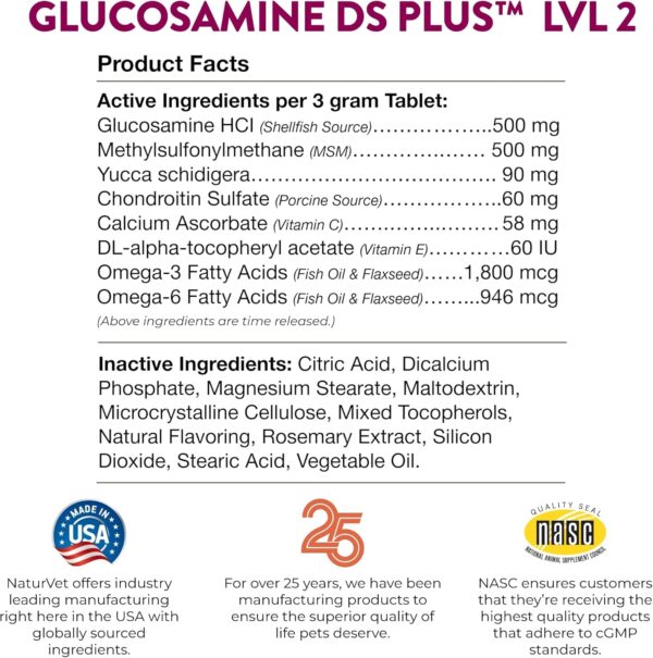 NaturVet Glucosamine DS Plus Level 2 Moderate Care Joint Support Supplement for Dogs and Cats, Chewable Tablets Time Release, Made in The USA, 60 Count - Image 8