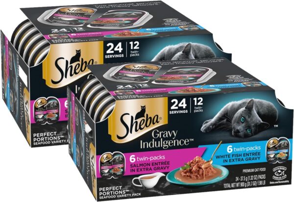 Sheba Gravy Indulgence Adult Wet Cat Food (24 Count, 48 Servings), Salmon Entrée in Extra Gravy and White Fish Entrée in Extra Gravy Variety Pack, Easy Peel Twin-Pack Trays