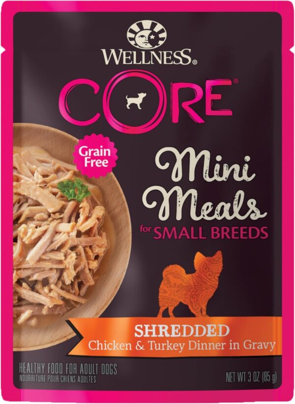 Wellness CORE Natural Grain Free Small Breed Mini Meals Wet Dog Food, Shredded Chicken & Turkey Dinner in Gravy, 3-Ounce Pouch (Pack of 12)