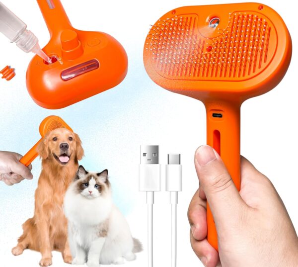 Self-Cleaning Spray Cat Brush for Shedding, Removes Static Flying Hair, and Works Wonders for Both Long and Short-Haired Pets 2 In 1 Cleaning Brush for Cats And Dogs Grooming (Orange)