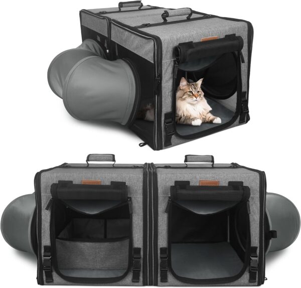 Cat Travel Carrier with Litle Box, Portable 2-in-1 Cat Carrier for 2 Cats, Various DlY Methods Cat Carrier Soft with Tunnel Tube-with Flannel Cushion, Hammock, Protable Tote (Grey)