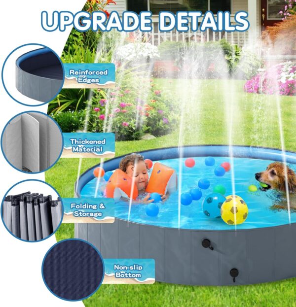 Dog Pool with Sprinkler, Foldable Portable Non-Slip Dog Bath Tub, Outdoor Kiddie Pool with Hard Plastic, Collapsible Dog Swimming Pool for Kids Dogs Pets, Gray (63"x12") - Image 4