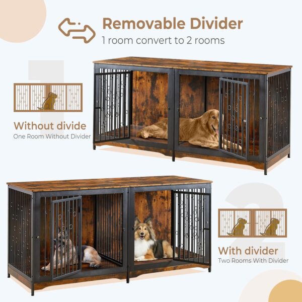 71'' Dog Crate Furniture for 2 Dogs, Wooden Double Dog Crate Large Breed with Cushion, XXL Indoor Dog Kennel TV Stand End Table with Divider for Large Medium Dogs, Brown - Image 4