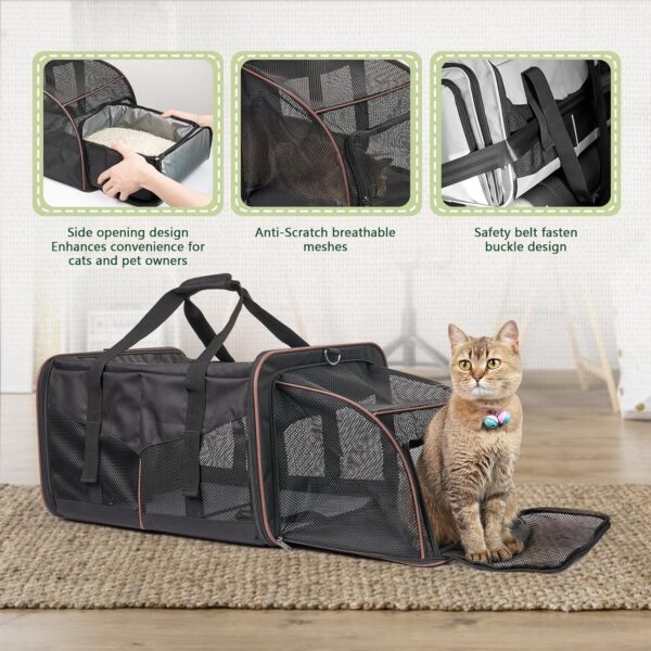 Cat Travel Carrier with Litter Boxes for 2 Cats, Double-Compartment Soft Pet Carrier, Expandable Portable Cat Carrier for Car Travel, up to 35 lb Road Trip, Camping, Hiking, Black - Image 7