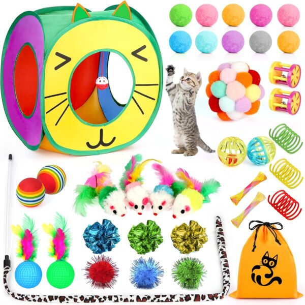 37 PCS Cat Toys, Interactive Kitten Toys for Indoor Kitty, Variety Catnip Toy Set Including Collapsible Cat Tunnel Tube Tent, Cat Feather Teaser Wand, Cat Bell, Fuzzy Ball, Spring, Mouse Toy