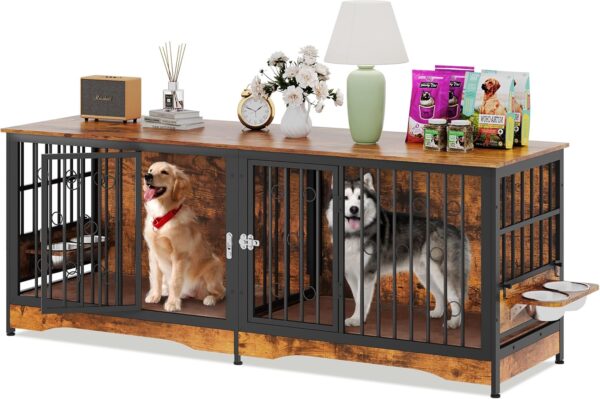 75'' Dog Crate Furniture Large Storage TV Stand with Dual Cushion / 4 Bowls/Double Rooms, Wooden Dog Kennel Dog Crate End Table with Removable Divider for Large Medium Dogs, Rustic Brown