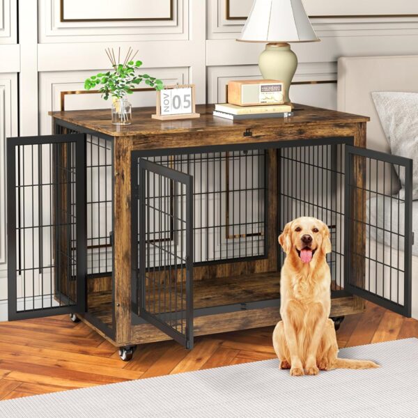 Dog Crate Furniture with Flip-Top, 38 Inch Double Doors Heavy Duty Dog Kennel Indoor with 360° Wheels End Table，Decorative Pet Cage Wooden Dog House for Large/Medium/Small Dog