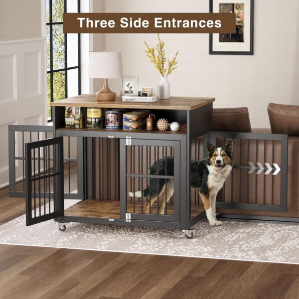 Dog Crate Furniture,39" Dog Kennel Indoor with Wheels, Heavy Duty Wooden Dog Crate for Medium/Large Dogs,Dog Cage with Storage Dog House Side End Table, Brown - Image 6