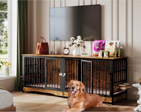 75'' Dog Crate Furniture Large Storage TV Stand with Dual Cushion / 4 Bowls/Double Rooms, Wooden Dog Kennel Dog Crate End Table with Removable Divider for Large Medium Dogs, Rustic Brown - Image 9