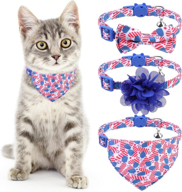 Cat Collars Breakaway with Bow Tie and Bell, Cute Flower & Bandana, 3 Pack American Flag Safety Buckle Kitten Collars, Adjustable Pet Collar for Girl Boy Cats Puppy