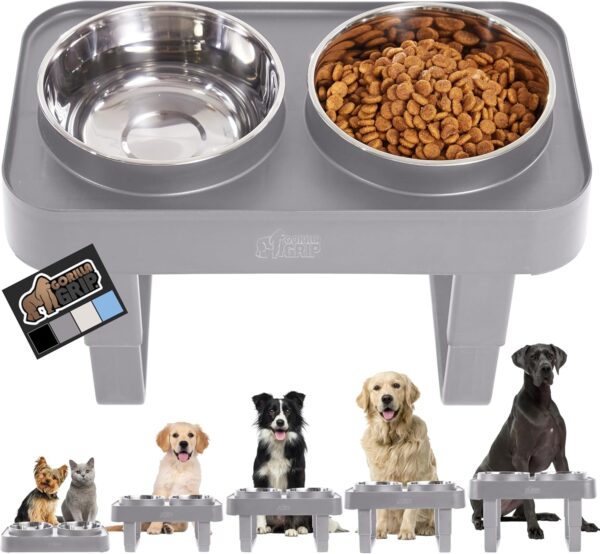 Gorilla Grip Elevated Dog Bowls Feeder, Adjustable Ergonomic Raised Bowl Stand for Cat Food and Water, Stainless Steel Rust Resistant Dishwasher Safe, Feeding Station Supplies for Dogs and Cats, Gray