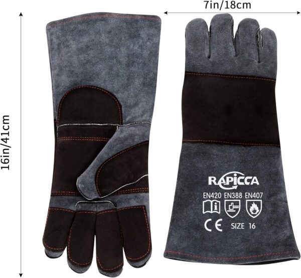 RAPICCA Animal Handling Gloves Bite Proof Double Leather Reinforced Padding Dog,Cat Scratch,Bird Handling Falconry Gloves Grabbing Reptile Squirrel Snake Bite 16in Grey-Black - Image 7