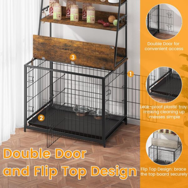 Furniture Style Dog Crate, Indoor Basic Dog Cage with 3-Layer Storage Shelves, Flip-up Top End Table Dog Cage, Dog Kennel Furniture with Adjustable Bowls, 37.4" L x 24.4" W x 57.1" H,Brown - Image 5