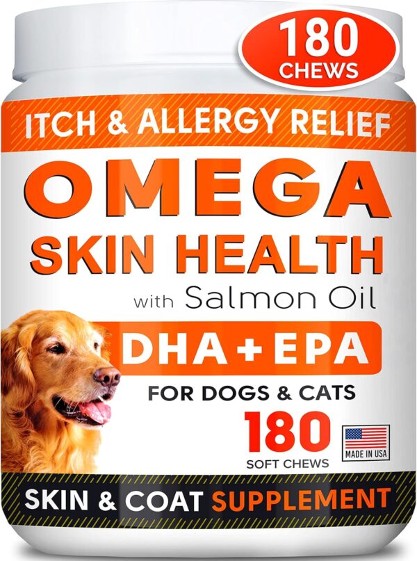 Fish Oil Omega for Dogs - Allergy and Itch Relief - Flea and Tick Chews for Dogs - Skin and Coat Supplement - Shedding, Itchy Skin Relief - Omega 3 6 9 - EPA & DHA - 180 treats