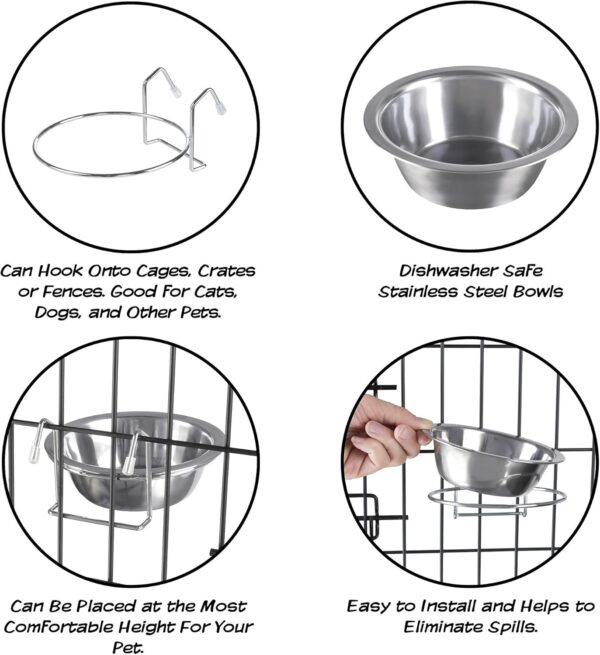 Set of 2 Stainless-Steel Dog Bowls - Cage, Kennel, and Crate Hanging Pet Bowls for Food and Water - 20oz Each and Dishwasher Safe by PETMAKER,Silver - Image 6