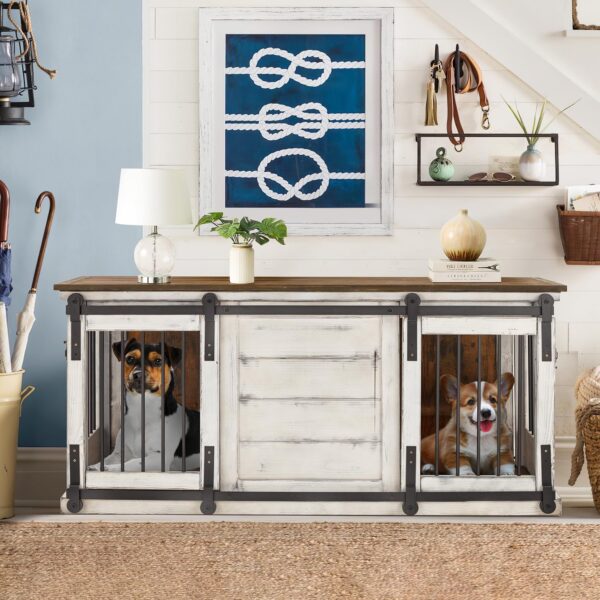 Erinnyees Dog Crate Furniture, 62.5'' Large Solid Wood Dog Kennel with Removable Divider, Bite Resistant Furniture Style Dog Crate Indoor, Dog Cage with Double Sliding Barn Door Design, White - Image 8