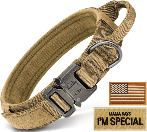 Strong Tactical Dog Collar, Military Dog Collar with Durable Handle, Thick Wide Heavy Duty Dog Collars with Metal Buckle for Medium Large and Extra Large Dogs(Khaki Brown,L)