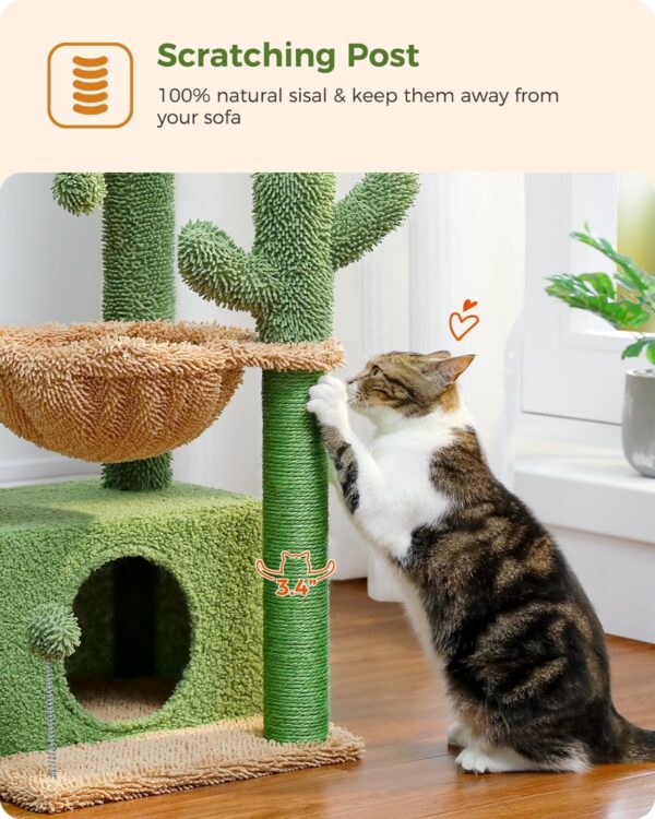 PEQULTI 4-in-1 Cactus Cat Tree, 33'' Cat Tower for Indoor Cats with Large Cat Condo, Cat Scratching Post for Cats with Deep Hammock& Cozy Top Perch,Green - Image 3