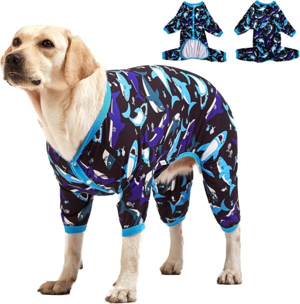 LovinPet Large XXL Dog Clothes - Pet Anxiety Relief, Anti-Shedding Dog Pajamas, Lightweight Stretchy Fabric, Whale Hello There White Print, Large Dog Pjs, Pitbull Clothes All Season /2XL