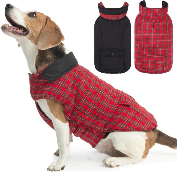 Reversible Dog Winter Coat, Waterproof Dog Jacket Cold Weather Coats British Style Plaid Soft Snow Vest for Small Medium Large Dogs, Black/Red, S