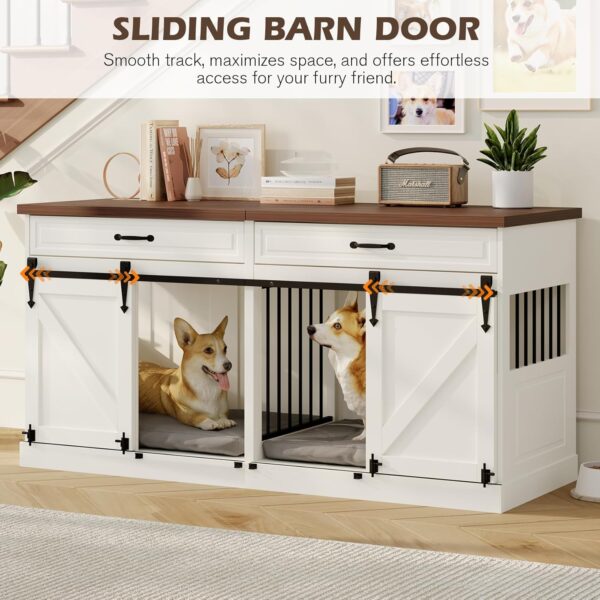 Furniture Style Dog Crate - Wooden Indoor Dog Crate Furniture with Sliding Barn Doors, 2 Drawers and Room Divider, 63" L x 23.6" W x 31.5" H, White - Image 6