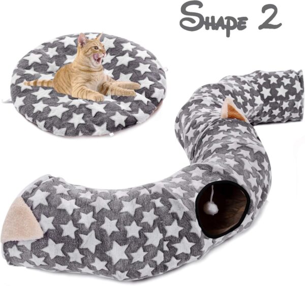 LUCKITTY Large Cat Tunnel Bed with Plush Cover,Fluffy Toy Balls, Small Cushion and Flexible Design- 10 inch Diameter, 3 ft Length- Great for Cats, and Small Dogs, Gray Star Pattern - Image 3