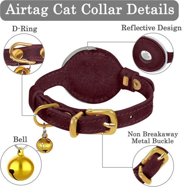 Reflective Leather AirTag Cat Collar with Bell - Non Breakaway Adjustable Pet Collar with Apple Air Tag Holder - Lightweight GPS Kitten Collars for Small Dogs Puppy (Burgundy) - Image 6