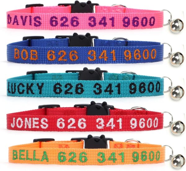 Personalized Cat Collars, Embroidered with Pet Name and Phone Number, Adjustable Nylon Breakaway Safety Release Buckle ID Collar,Custom Text with Bell for Cat or Kitten