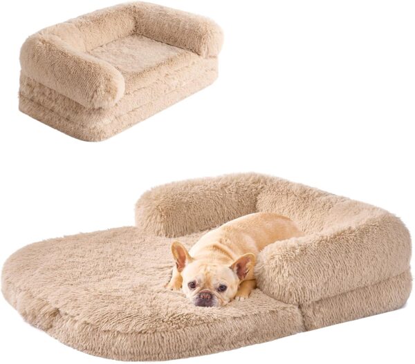 EHEYCIGA Foldable XL Dog Bed, Faux Fur Fluffy Dog Bed for Extra Large Dogs, Orthopedic Calming Memory Foam XL Dog Couch Bed, Washable Soft Warm Dog Sofa Bed with Non-Slip Bottom, Camel, 40"x30"x7"