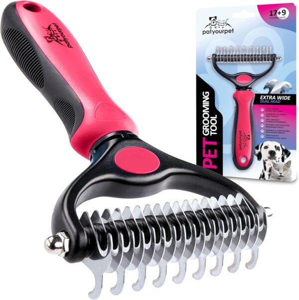 Pat Your Pet Deshedding Brush - Double-Sided Undercoat Rake for Dogs & Cats - Shedding Comb and Dematting Tool for Grooming, Extra Wide