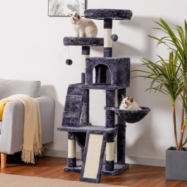 Heybly Cat Tree, Cat Tower for Indoor Cats,Multi-Level Cat Furniture Condo for Cats with Padded Plush Perch, Cozy Basket and Scratching Board Smoky Gray HCT014G - Image 2