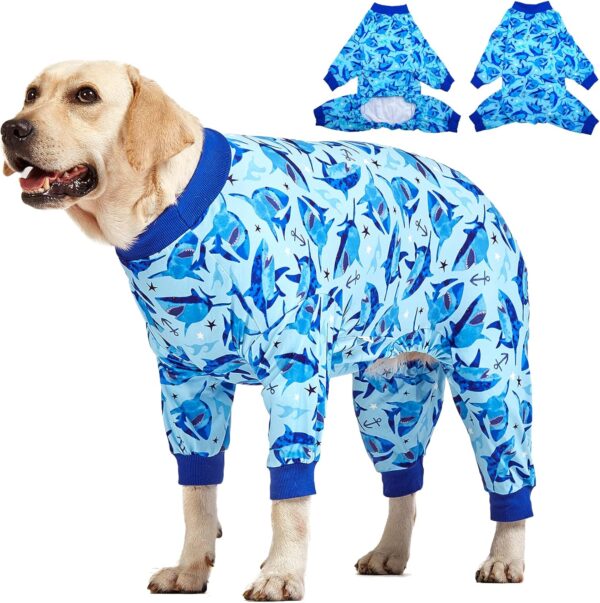 LovinPet Pit Bull Clothing: Pjs for Large Dogs, Lightweight onesie, Sea Shark Action Print, Dog Clothing, UV Protection, Easy Wearing Adorable Dog Jumpsuit/Medium