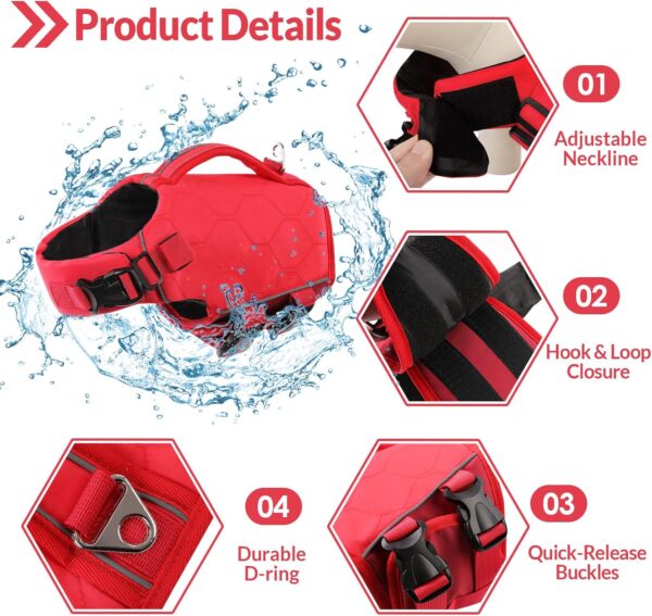 MIGOHI Dog Life Jacket Large,Dog Life Jacket,High Flotation Dog Life Vest for Swimming Surfing Boating English Bulldog,Reflective Pet Lifesaver Preserver,Dog Vest Harness Dog Beach Essentials,Red,L - Image 3