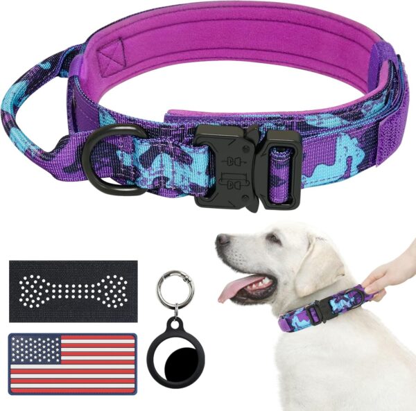 Hotsky Tactical Dog Collar, Adjustable Military Training Nylon Airtag Dog Collar with Handle and Heavy Duty Metal Buckle for Medium Large Dogs, with Airtag Holder and Two Patches（Purple Camo,L）