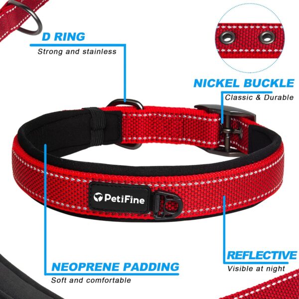 PetiFine Dog Collar with Metal Buckle, Heavy Duty Dog Collar with Soft Neoprene Padded, Adjustable Reflective Nylon Dog Collars for Small Medium Large Dogs(S, Red) - Image 3