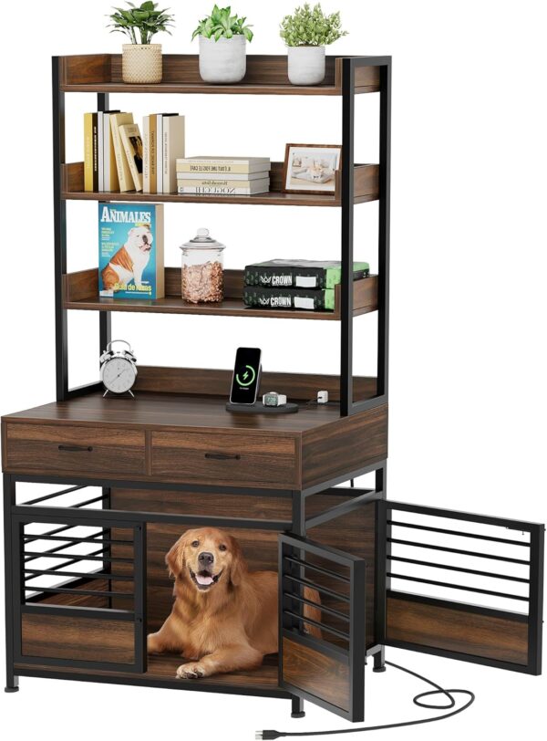 DWVO Dog Crate Furniture with Storage Shelves, Heavy Duty Dog Crate with Drawers & Charging Station, 39 Inch Dog Kennel Indoor Furniture for Large Dogs, Modern Dog Crate with Double Doors, Brown