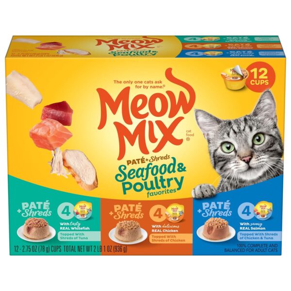 Meow Mix Paté & Shreds Wet Cat Food Variety Pack, Seafood & Poultry Favorites, 2.75 Ounce Cup (Pack of 12)