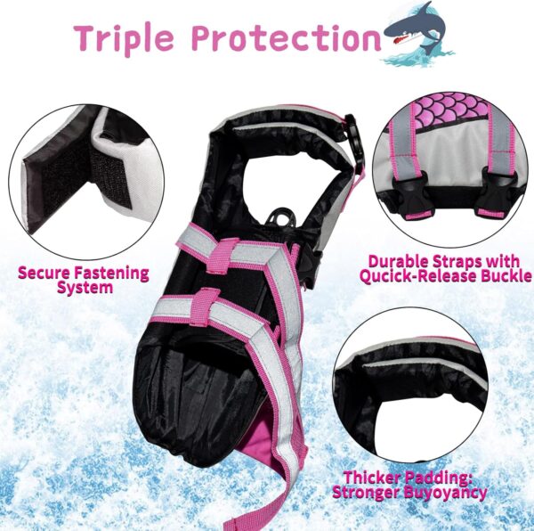 AIITLE Dog Life Vests, Adjustable Shark Dog Life Jacket with Rescue Handle, Mermaid Dog Flotation Vest for Medium Dogs Beach Boating Pool Swimming Pink M - Image 2