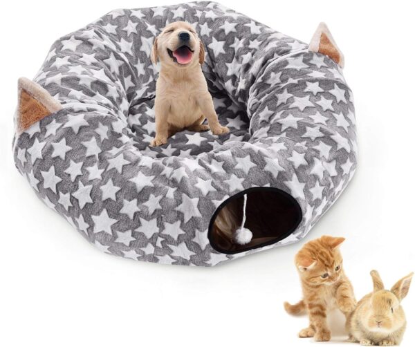 LUCKITTY Large Cat Tunnel Bed with Plush Cover,Fluffy Toy Balls, Small Cushion and Flexible Design- 10 inch Diameter, 3 ft Length- Great for Cats, and Small Dogs, Gray Star Pattern