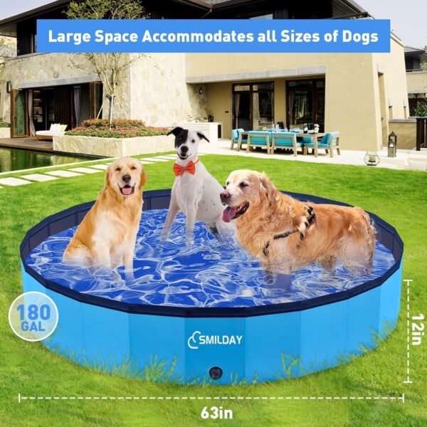 Dog Pool, SmilDay Foldable Portable Swimming Pool, Hard Plastic Bathing Tub for Pets Dogs and Cats, Slip-Resistant Kiddie Pool for Backyard (Blue 63''D× 12''H) - Image 4