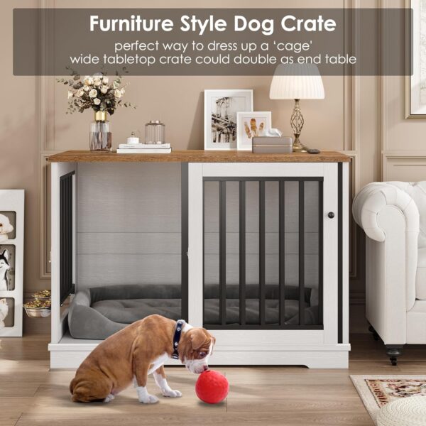 Dog Crate Furniture 47" Large Dog Kennel for Dogs Indoor, Heavy Duty Dog Cage with Sliding Door and 2 SUS Bowls Wooden End Table in Living Room for Small Medium Large Dogs, White - Image 5