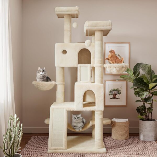 SHA CERLIN 65in Larger Cat Tree Tower Condo for Indoor Cats, Multi-Level Furniture Activity Center with Wide Base/Cozy Plush Cat Perches/Baskets/Sisal Scratching Posts and Hammock/Beige - Image 2